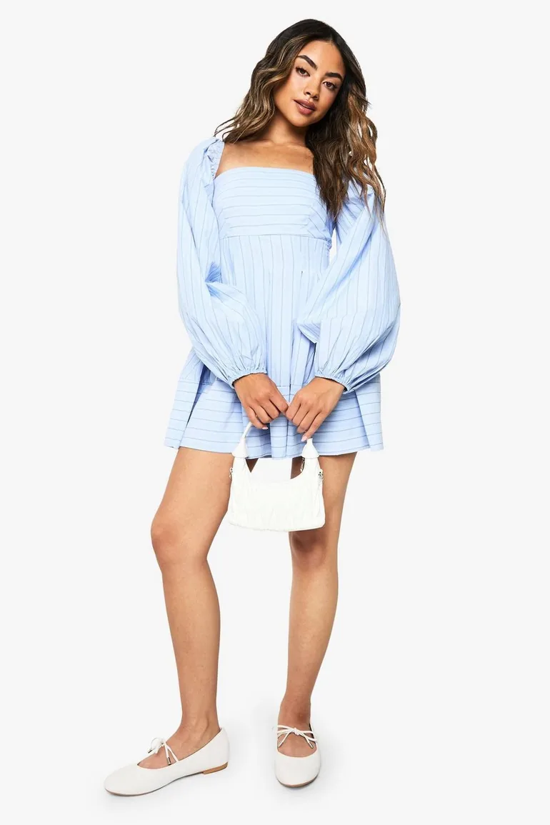 Stripe Puff Sleeve Square Neck Skater Dress - blue Boohoo : Holiday Dresses : VogaCloset Oman Stripe Puff Sleeve Square Neck Skater Dress - blue Boohoo : Holiday Dresses : VogaCloset Oman