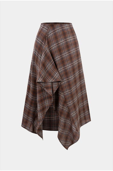 Plaid Print Asymmetrical Ruched Split Skirt