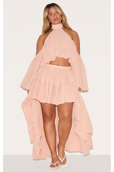 Shape Peach Chiffon High Tiered Maxi Skirt