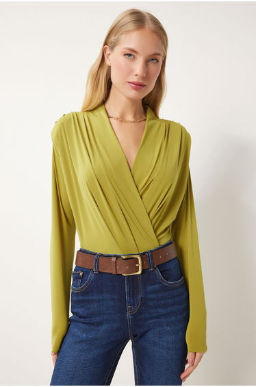 Women's Oil Green Wrap Collar Padded Snap Sandy Blouse