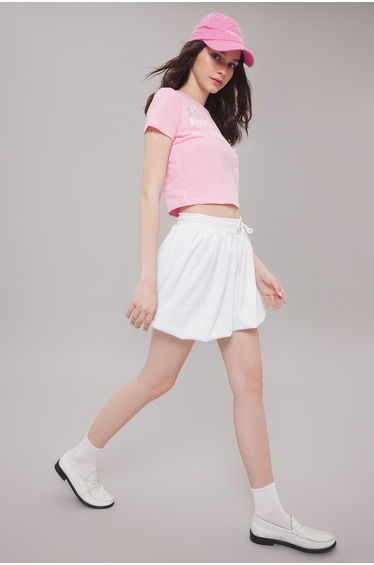 White Lace-Up Waist Balloon Mini Skirt