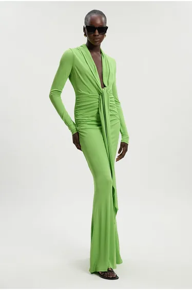 Premium Stretch Crepe Jersey Plunge Neck  Maxi Dress