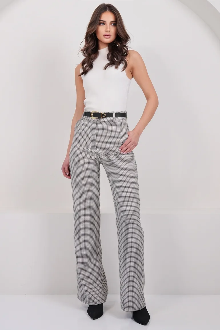 Women's Stone Plaid Patterned Double Pocket Trousers - 3