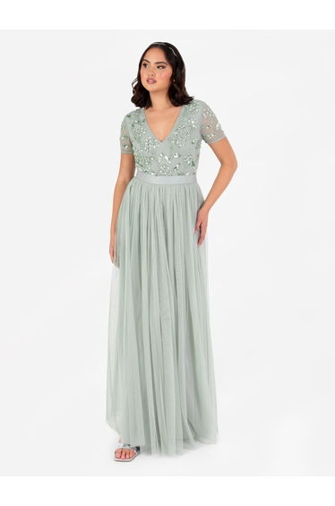 Maya Sage Green Floral Embellished Short Sleeve V Neck Floor Length Dress with Sash Belt