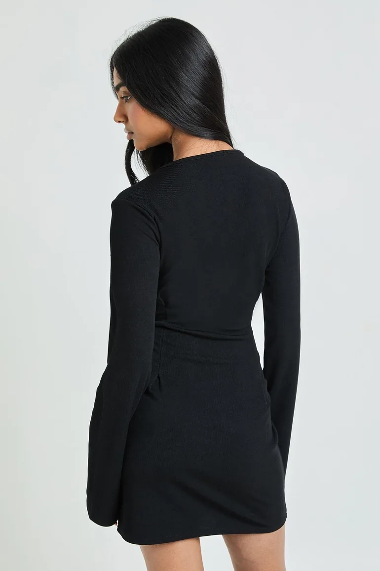 Ribbed Cinched Waist Long Sleeve Dress - black - 1