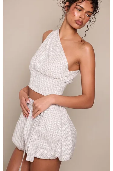 Grey Checked One Shoulder Shirred Top
