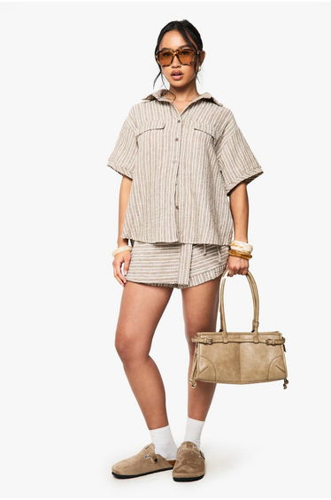 Woven Linen Look Striped Short Sleeve Shirt