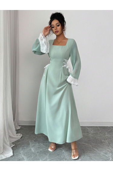 Women Square Neck Waist Tie-Up Maxi Dress