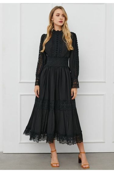 Victorian Elegance Cutwork Lace Dress in Black