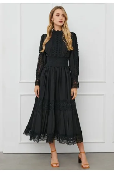 Victorian Elegance Cutwork Lace Dress in Black