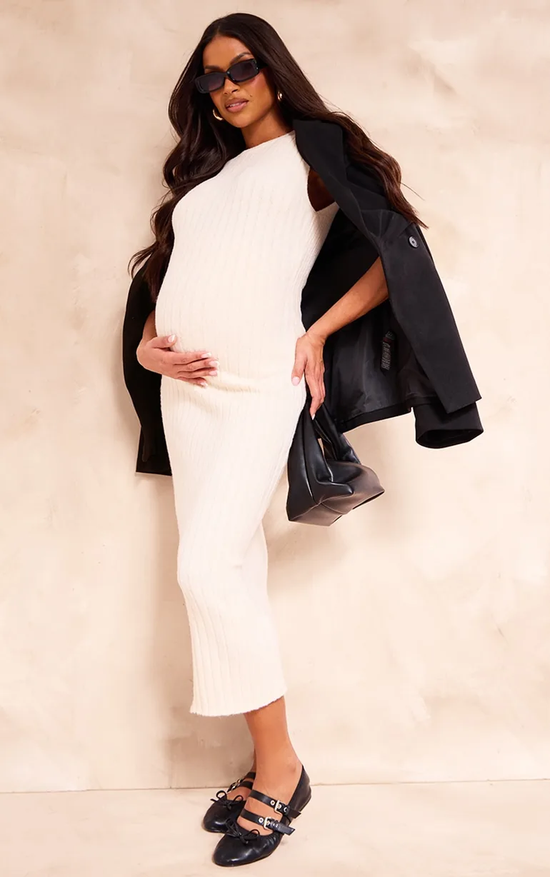 cream knit maternity dress HATCH Collection The Odette Ribbed Midi Dress in Ivory