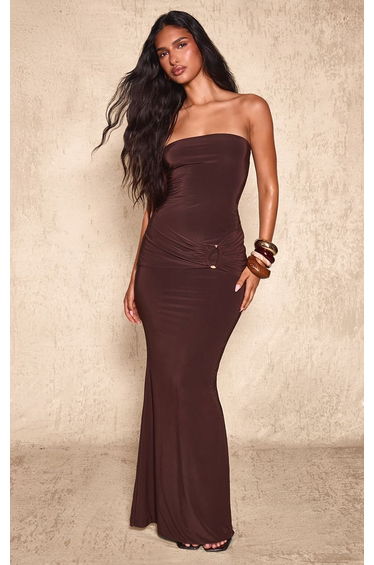 Chocolate Double Layer Bandeau Trim Maxi Dress