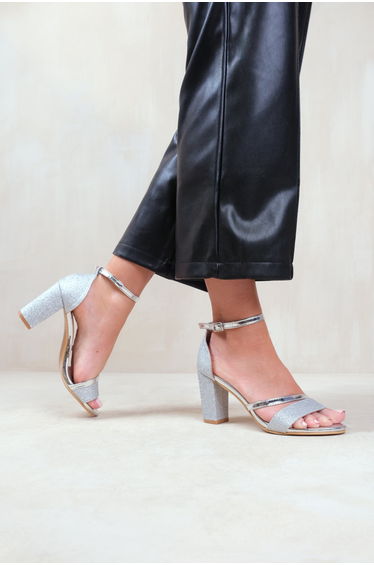 Perla Wide Fit mid high block heel sandals with ankle strap in Silver