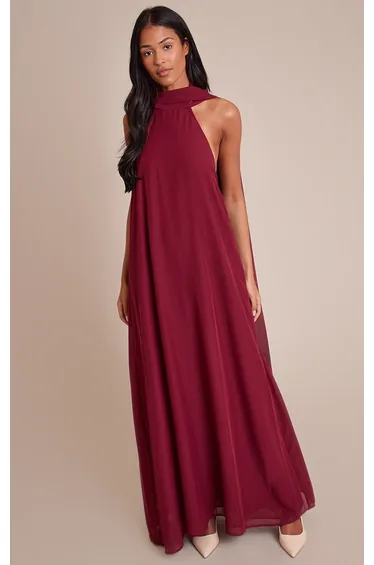 Tall Wine Chiffon High Neck Scarf Detail Maxi Dress