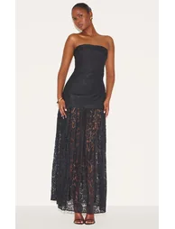 فستان ميداكسي بشرائح دانتيل شفافة بأكتاف مكشوفة لون أسود