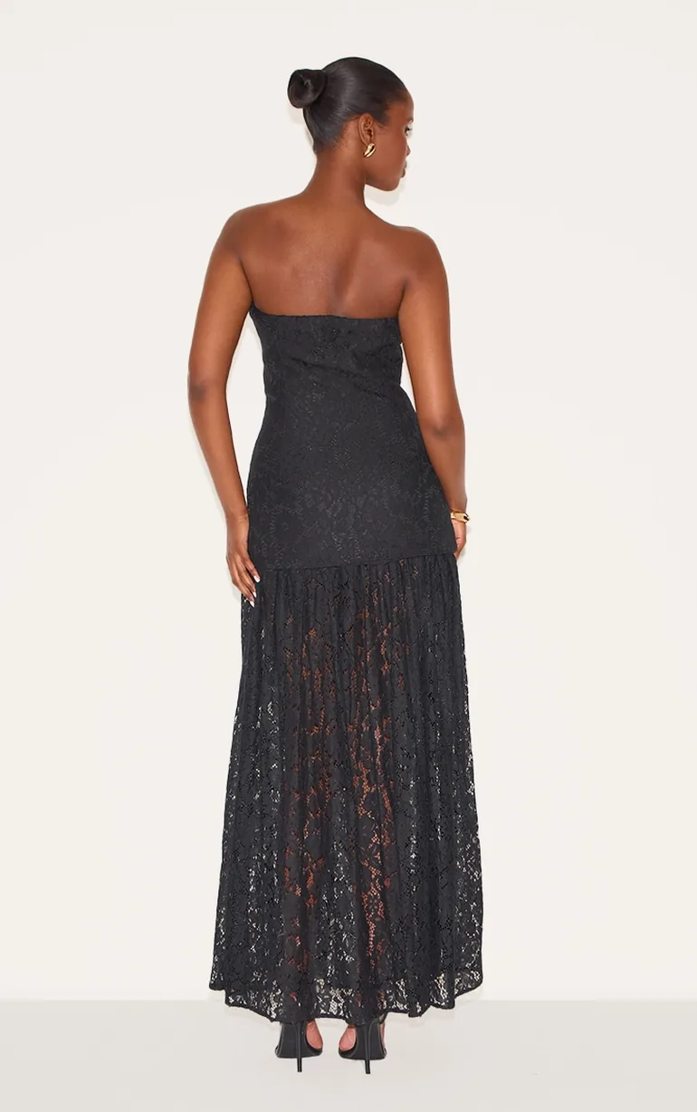 فستان ميداكسي بشرائح دانتيل شفافة بأكتاف مكشوفة لون أسود - 2