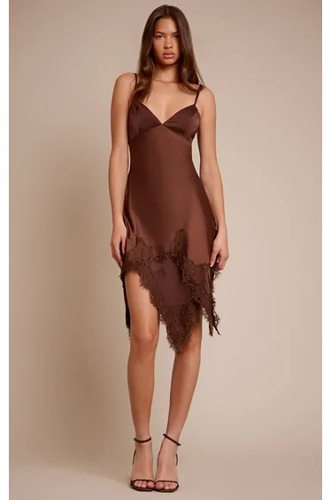 Chocolate Satin Lace Trim Detail Mini Dress