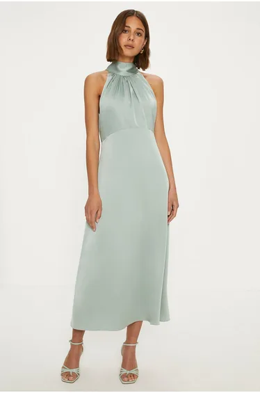 Satin Halter Neck Midi Dress