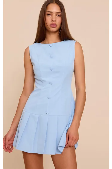 Baby Blue Button Down Pleated Hem Shift Dress