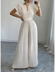 جمبسوت فضفاض بطيات بأكمام قصيرة بياقة V بفتحة - 1