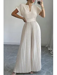 جمبسوت فضفاض بطيات بأكمام قصيرة بياقة V بفتحة