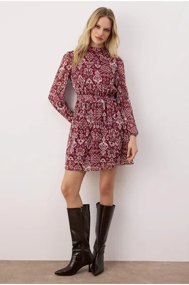 Multicolored Belted Skirt With Flounces Lined Chiffon Mini Woven Dress  .