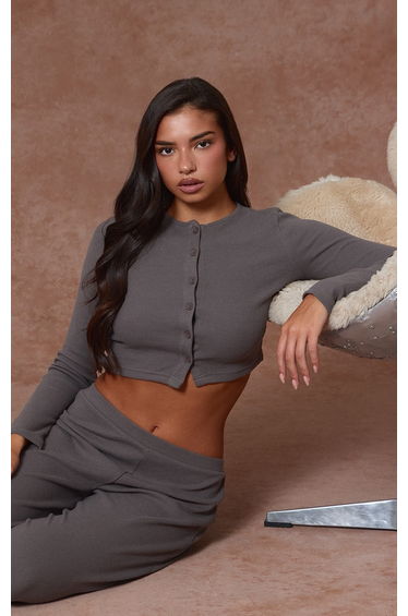 Charcoal Grey Brushed Rib Button Cardigan