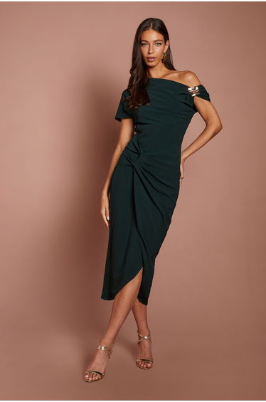 Off The Shoulder Wrap Skirt Crepe Midi Dress