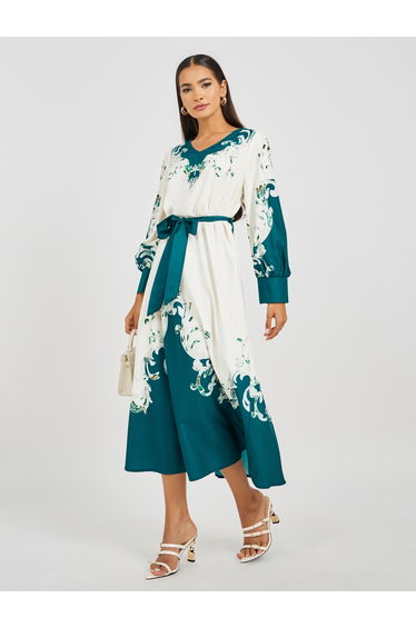 Floral Print Long Sleeve V-Neck Belted Dress