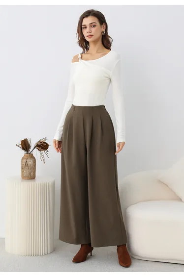 Effortless Polished Buttoned Pleats Palazzo Pants in Brown