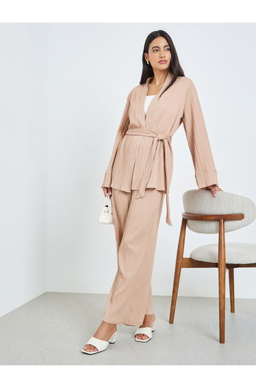 Beige Pleated Oversized Top and Wide Leg Pants Set