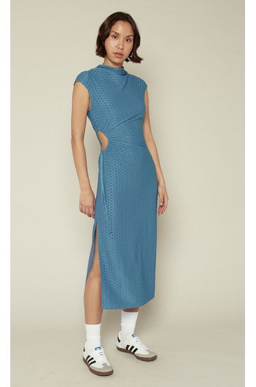Blue Textured Drawstring Dress