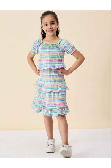 Striped Square Neck Tiered Dress with Ruffle Trim