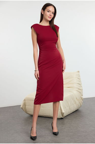 Claret Red Plain Pattern Midi Woven Dress