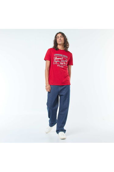 Short-sleeved printed T-shirt with round neck RED