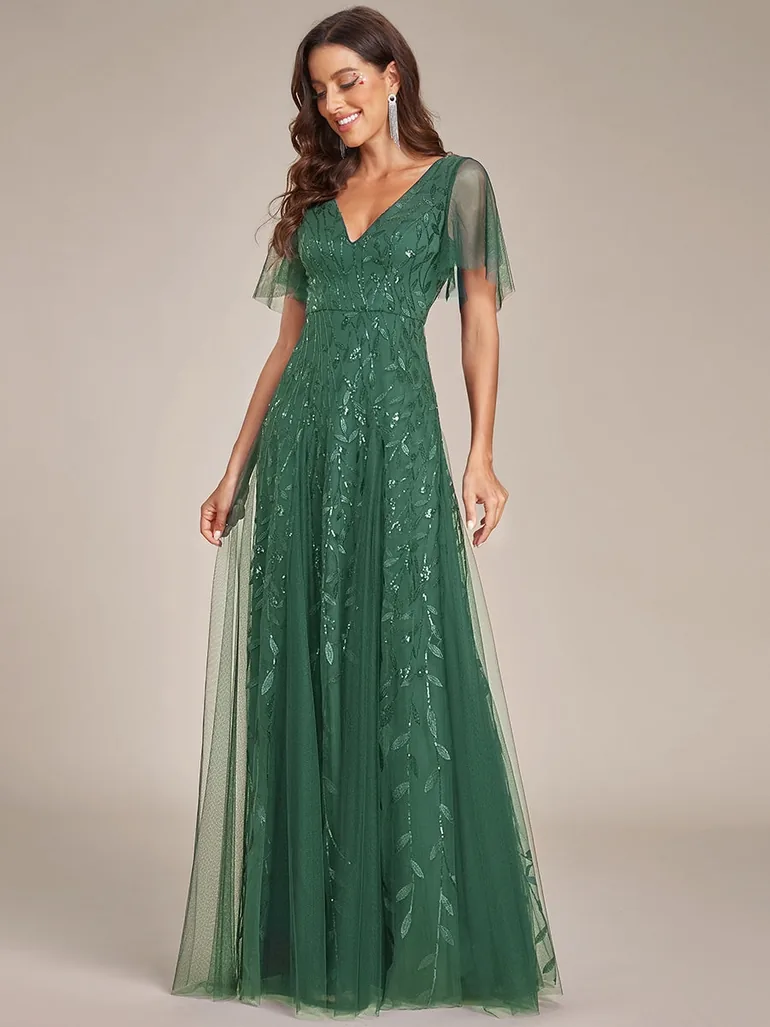 Deep V Neck Sequin Evening Gown With Short Sleeves