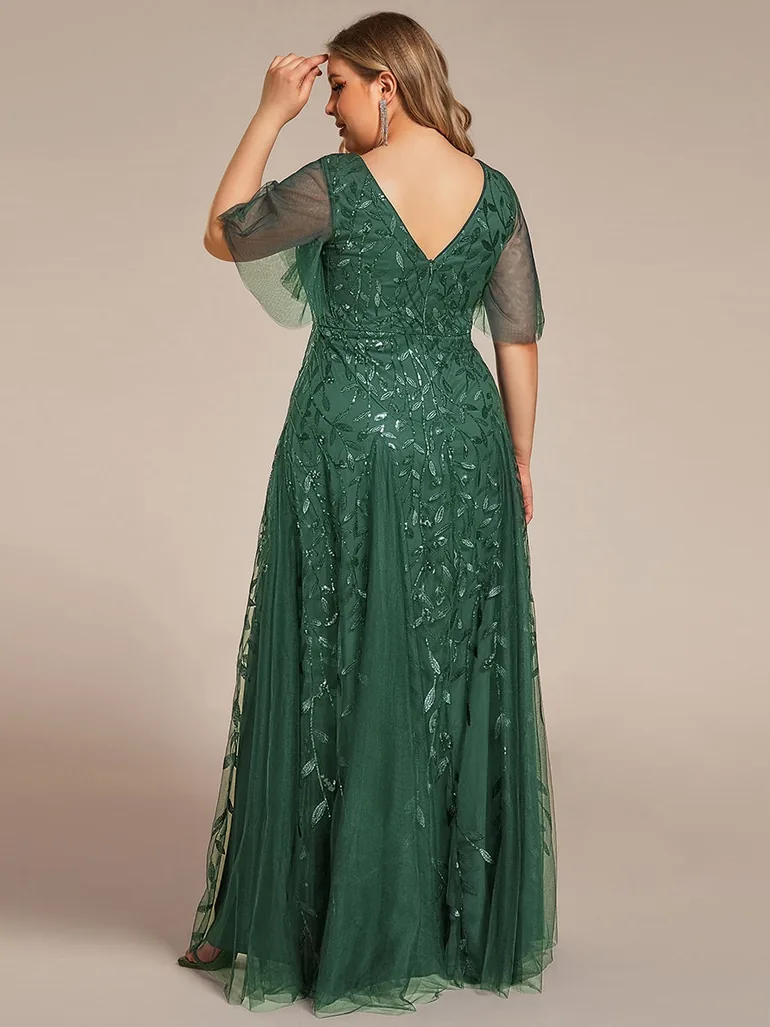 Deep V Neck Sequin Evening Gown With Short Sleeves - 6
