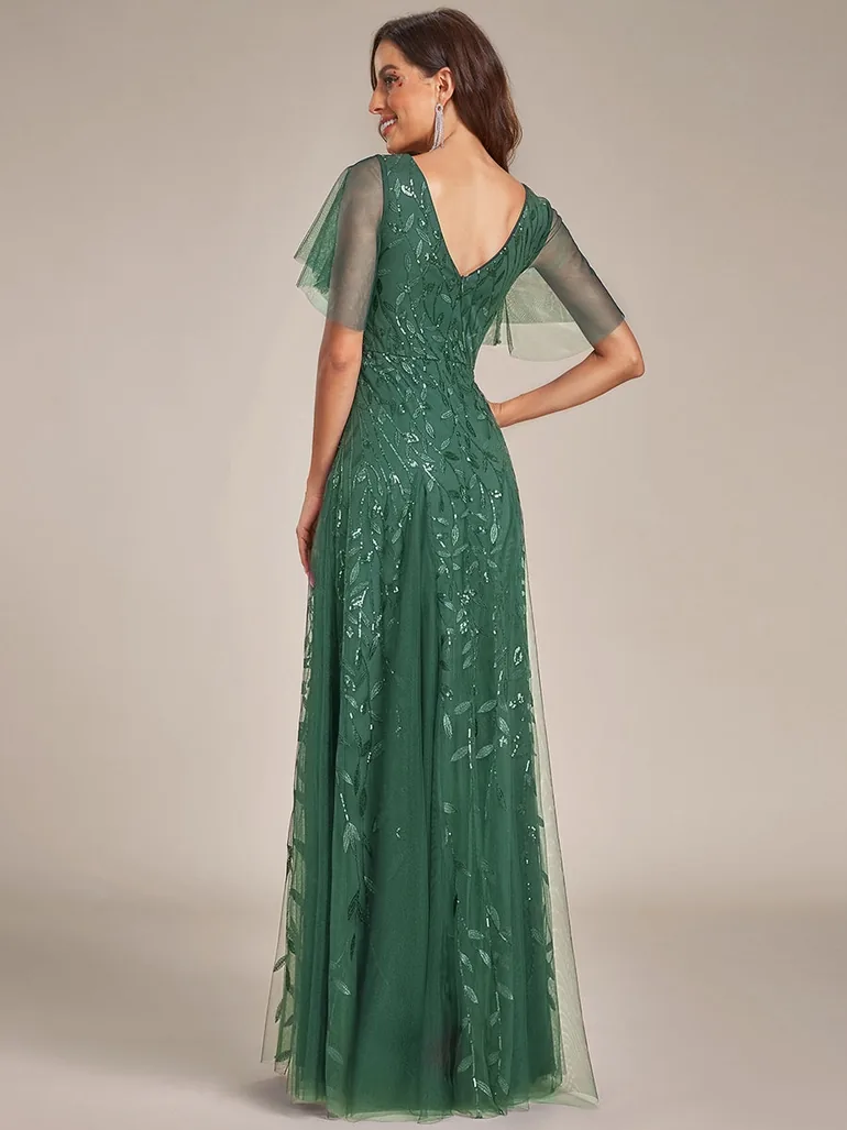Deep V Neck Sequin Evening Gown With Short Sleeves - 1