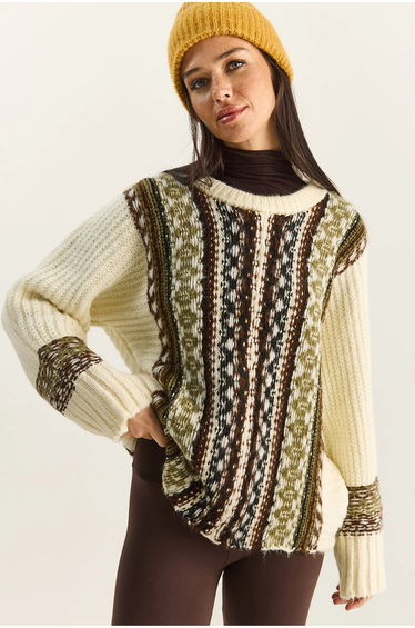 LUCCI Oversized Ethnic Print Knit Sweater