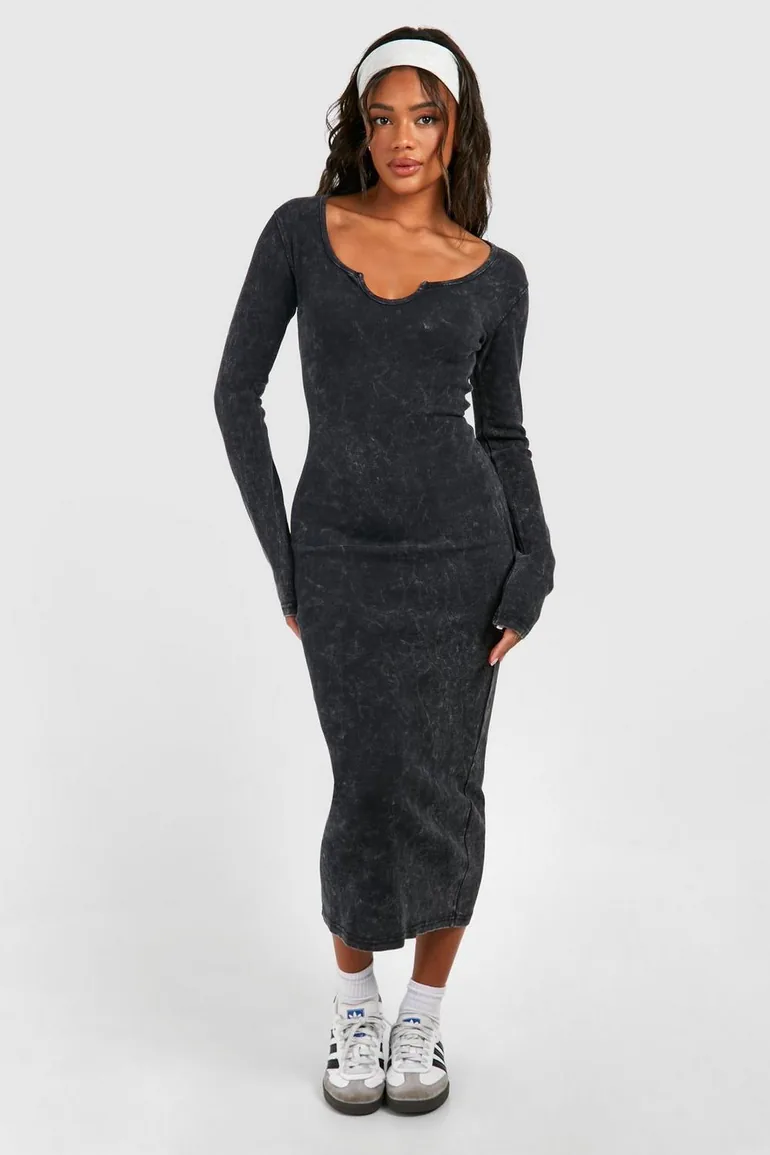 long sleeve bodycon midaxi dress Shop Acid Wash Notch Neck Long Sleeve Bodycon Midaxi Dress