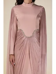 Satin Cape Sleeve Rhinestone Maxi Dress - 6