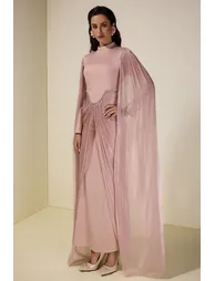 Satin Cape Sleeve Rhinestone Maxi Dress - 5