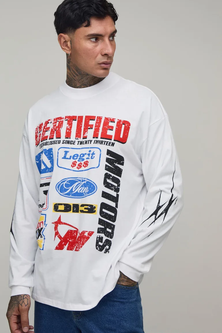 Tall White Oversized Moto Print Long Sleeve T-Shirt - white