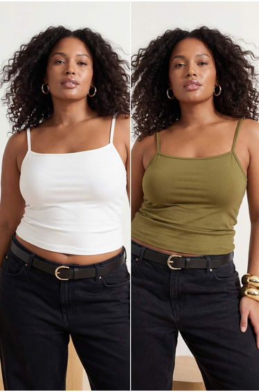 White-Green 2-Pack Polyamide Content Strappy C Cropped Fitted E Stretchy Knitted Undershirt