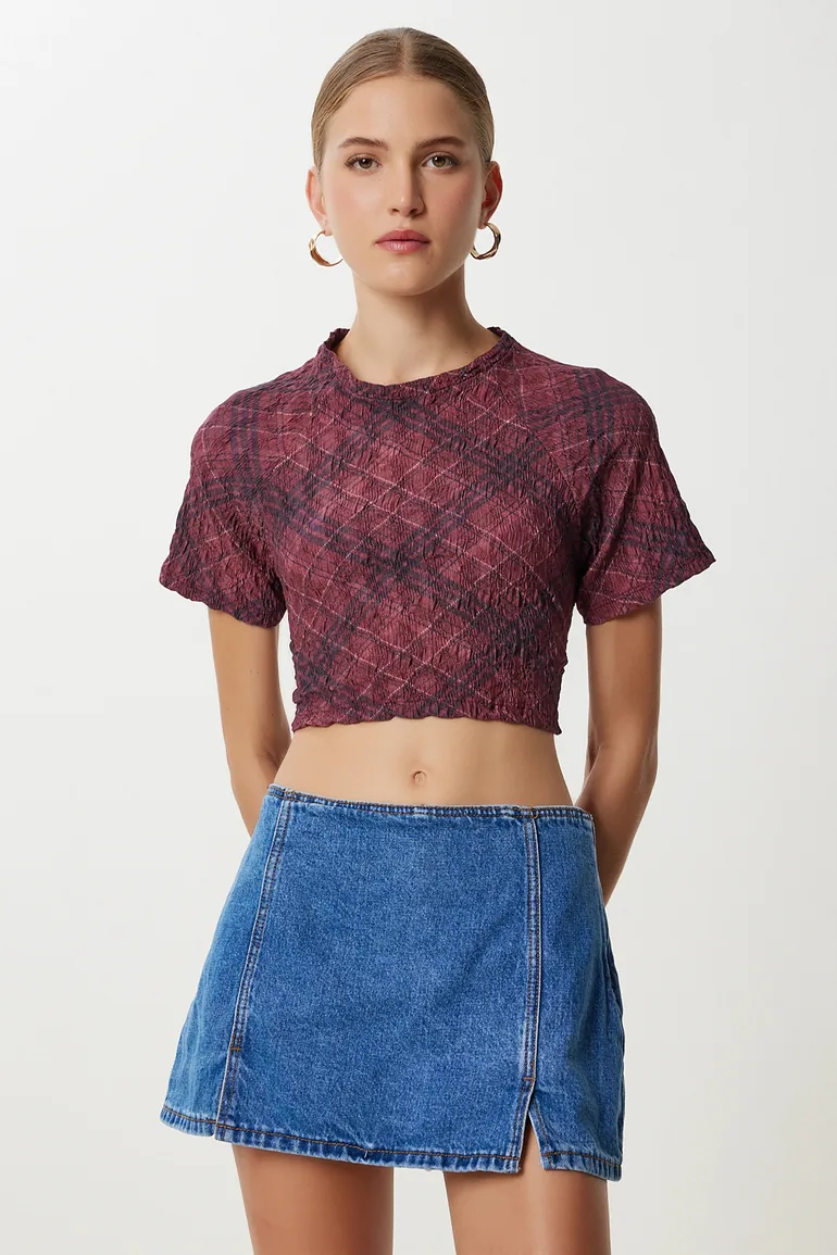 ISTANBUL Abstract Print Short Sleeve Slim Fit Crop Blouse