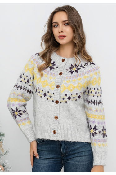 Nordic-Style Snowflake Jacquard Buttoned Knit Cardigan in Grey