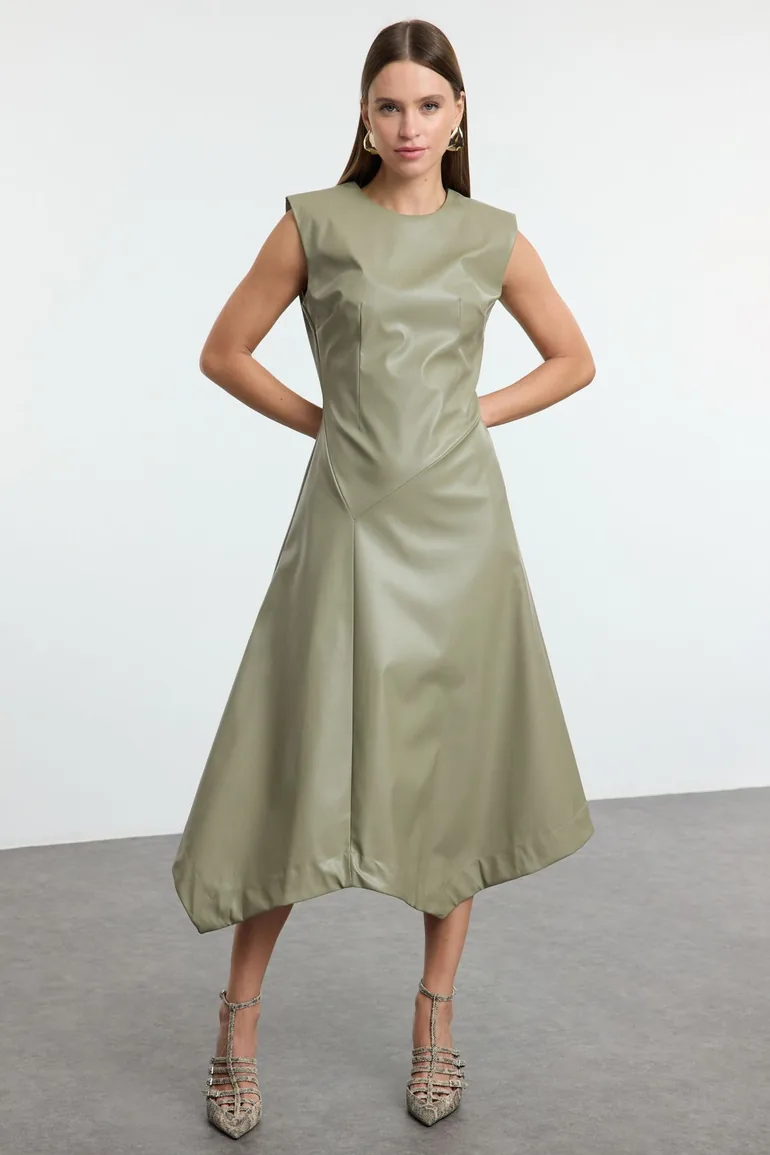 khaki faux leather dress Khaki Faux Leather Spaghetti Strap Midi Dress
