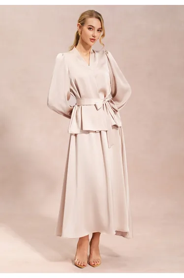 Luxe Tie Waist Shirred Back Satin Top in Apricot for Office Days & Business Lunches