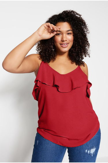 Red Adjustable Strap Woven Flounce Collar Plus Size Blouse