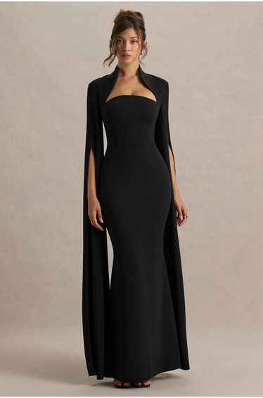 Esme | Black Square-Neck Maxi Dress With Cape Sleeves
